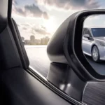 Side mirror view showing Toyota Camry sedan on highway with urban landscape and dramatic cloudy sky reflection