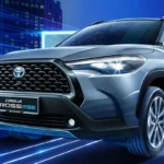 Toyota Corolla Cross Hybrid Electric front view with LED headlights in high-tech environment with digital elements