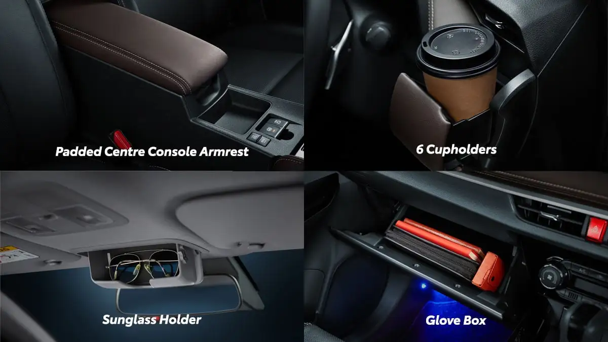 Toyota Vios interior storage features showing padded center console armrest, six cupholders, sunglass holder compartment