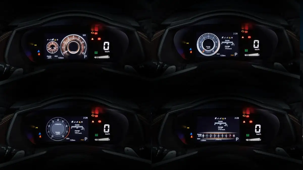 Car dashboard featuring Toyota Vios digital instrument cluster with customizable display modes and vehicle data