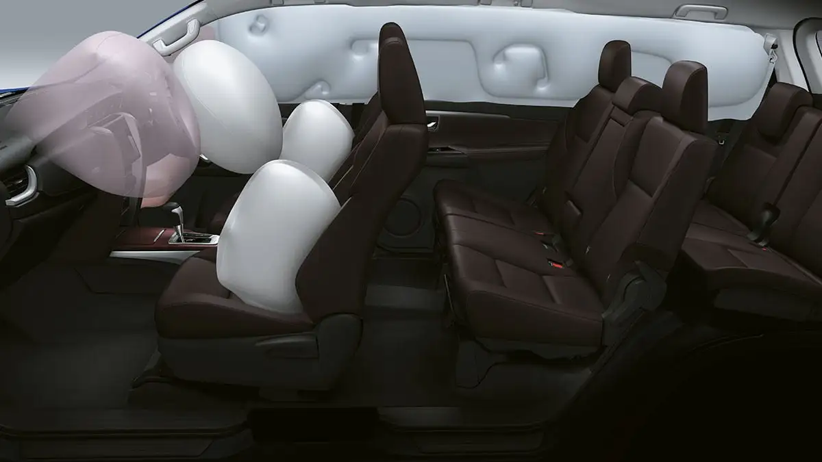 Seven SRS airbag safety system demonstration in Toyota Fortuner cabin with deployed front, side and curtain airbags