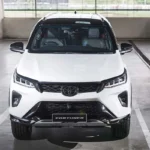 Toyota Fortuner positioned in contemporary parking structure showing bold grille design and LED headlight technology