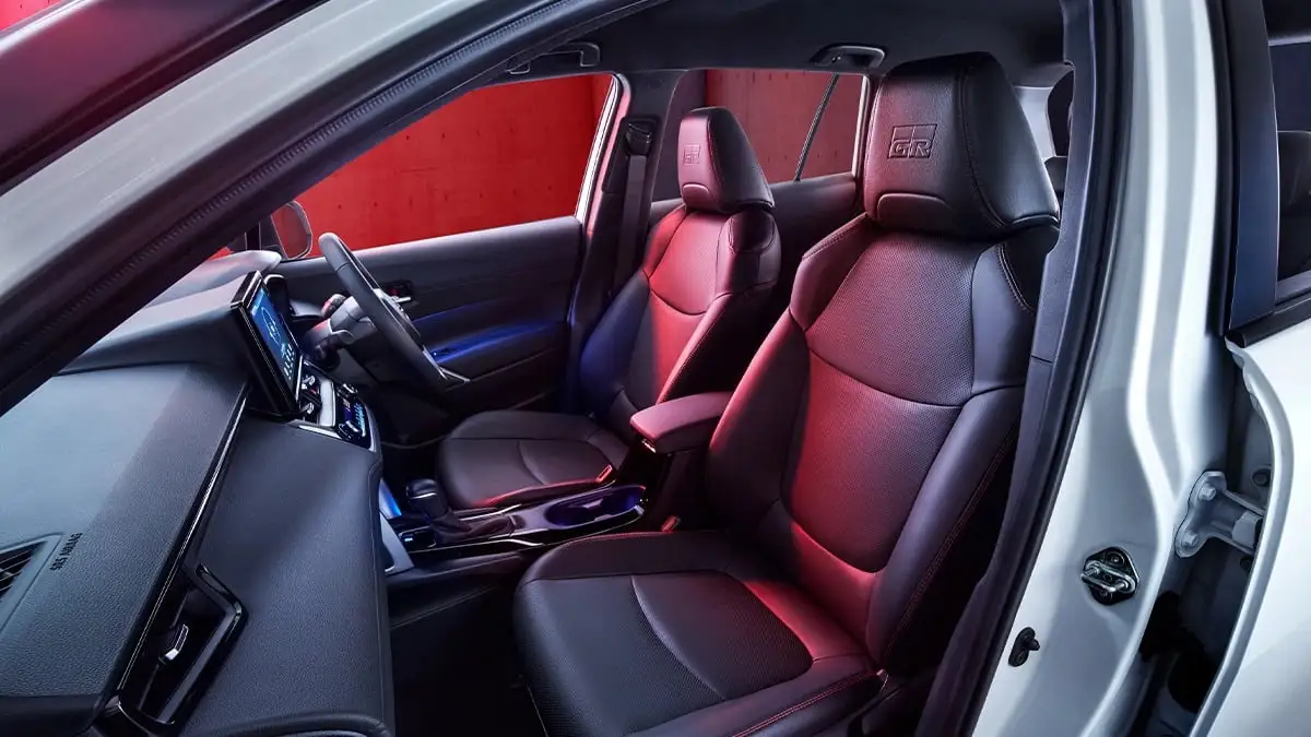 Front Seats of Toyota Corolla Cross GR Sport (Red Stitching + GR Logo Embossed)