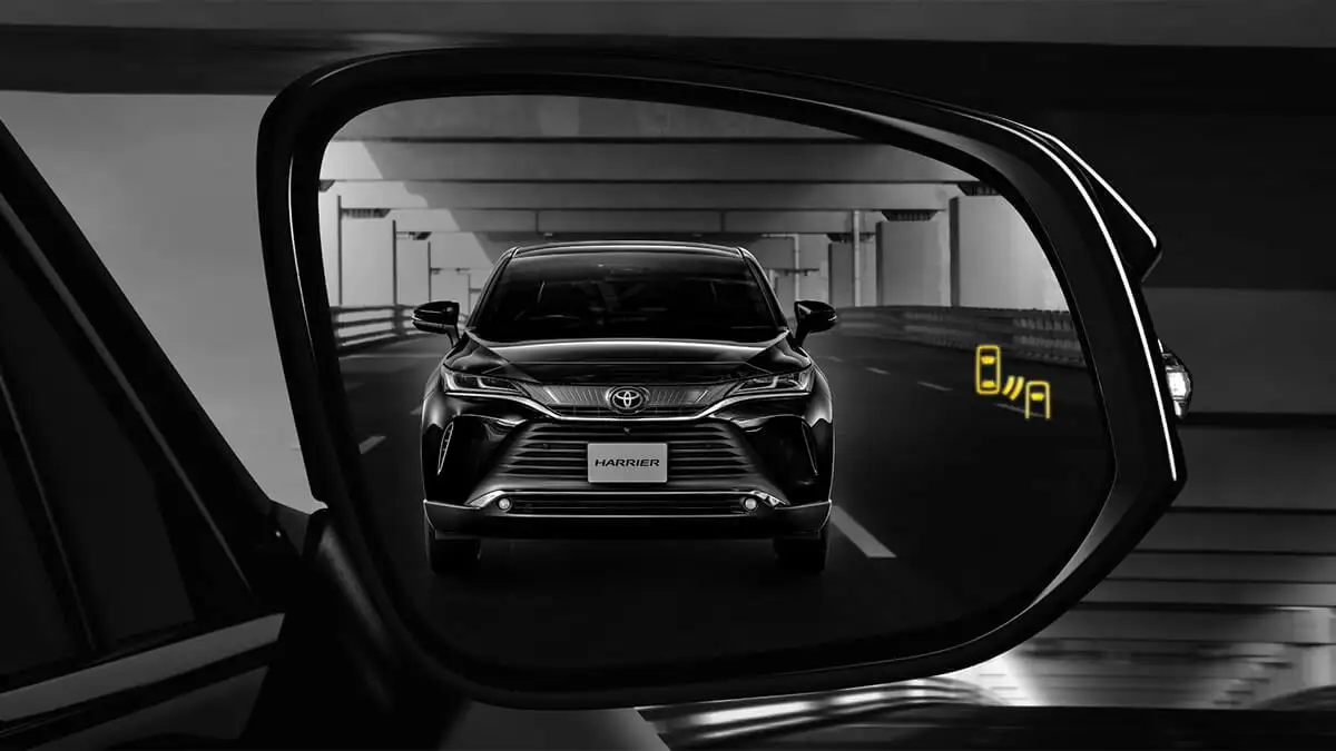 Toyota Harrier side mirror view showing Blind Spot Monitor with yellow warning indicator