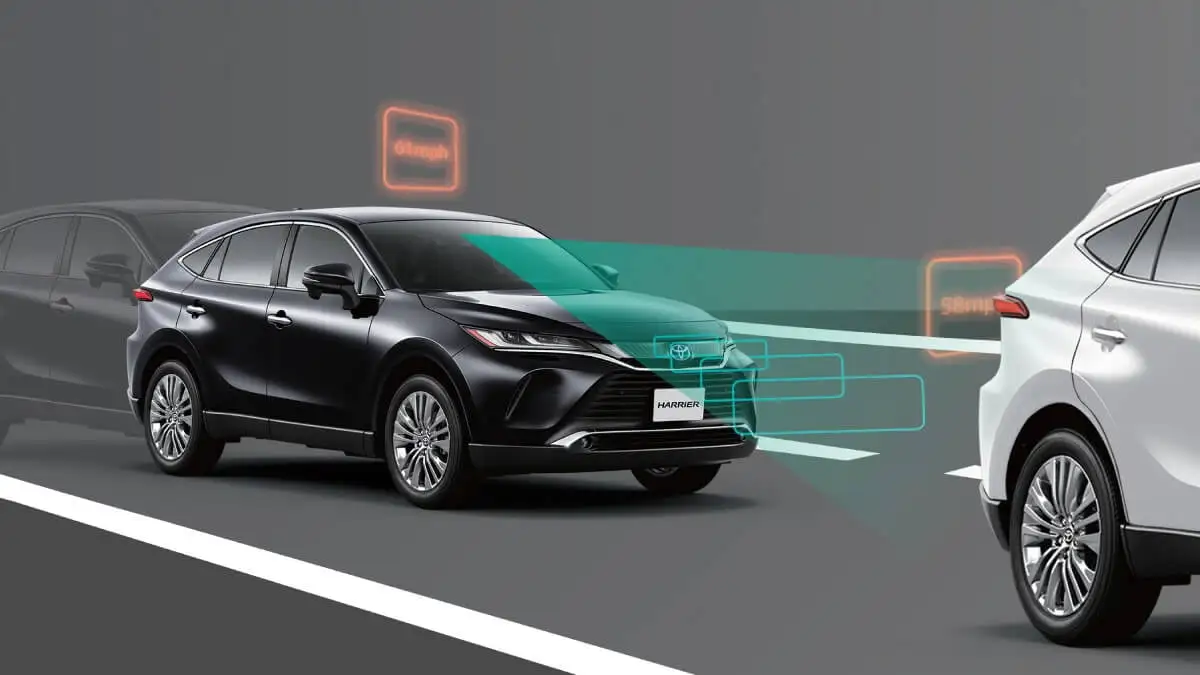 Toyota Harrier featuring DRCC system with visual radar coverage area and automatic following distance control