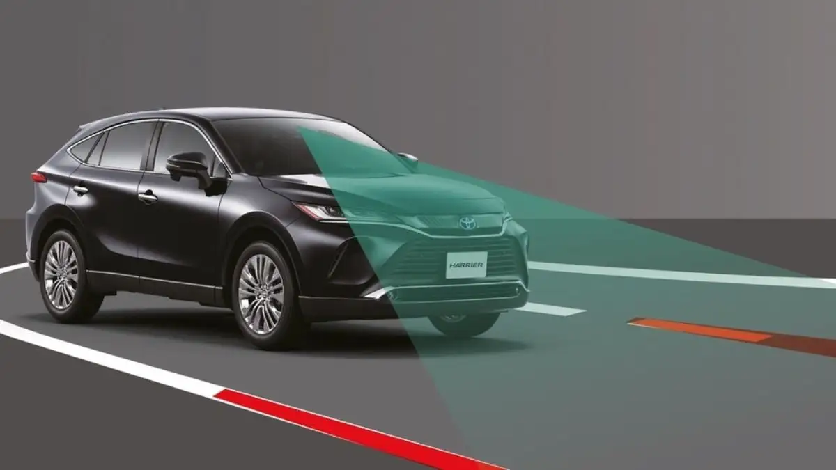 Toyota Harrier featuring Lane Departure Alert with visual representation of safety monitoring and lane keeping assist