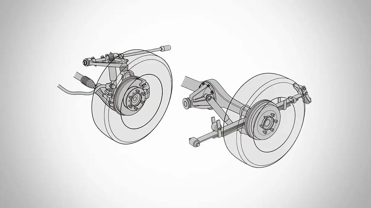 Toyota Hiace suspension system diagram showing front and rear wheel assembly with brake components and linkages