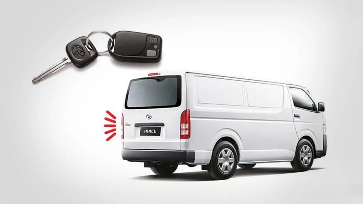 Toyota Hiace security system with key fob and alarm indicator showing vehicle protection and remote access features