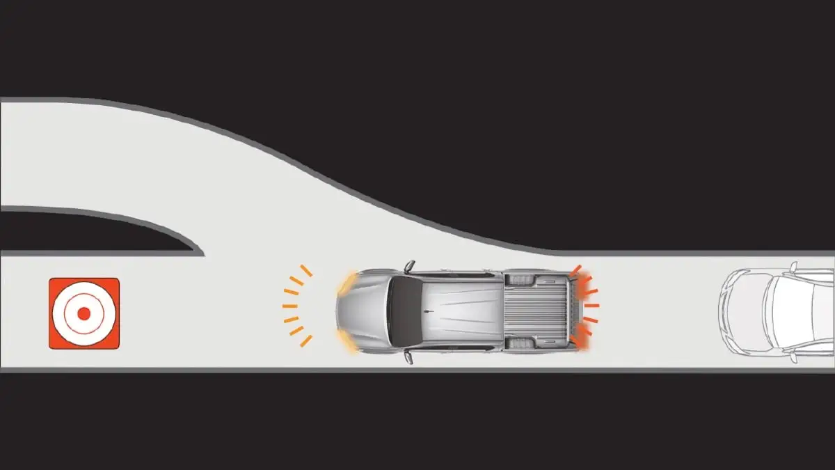Toyota Hilux featuring ESS system showing emergency braking scenario with hazard light activation and vehicle detection