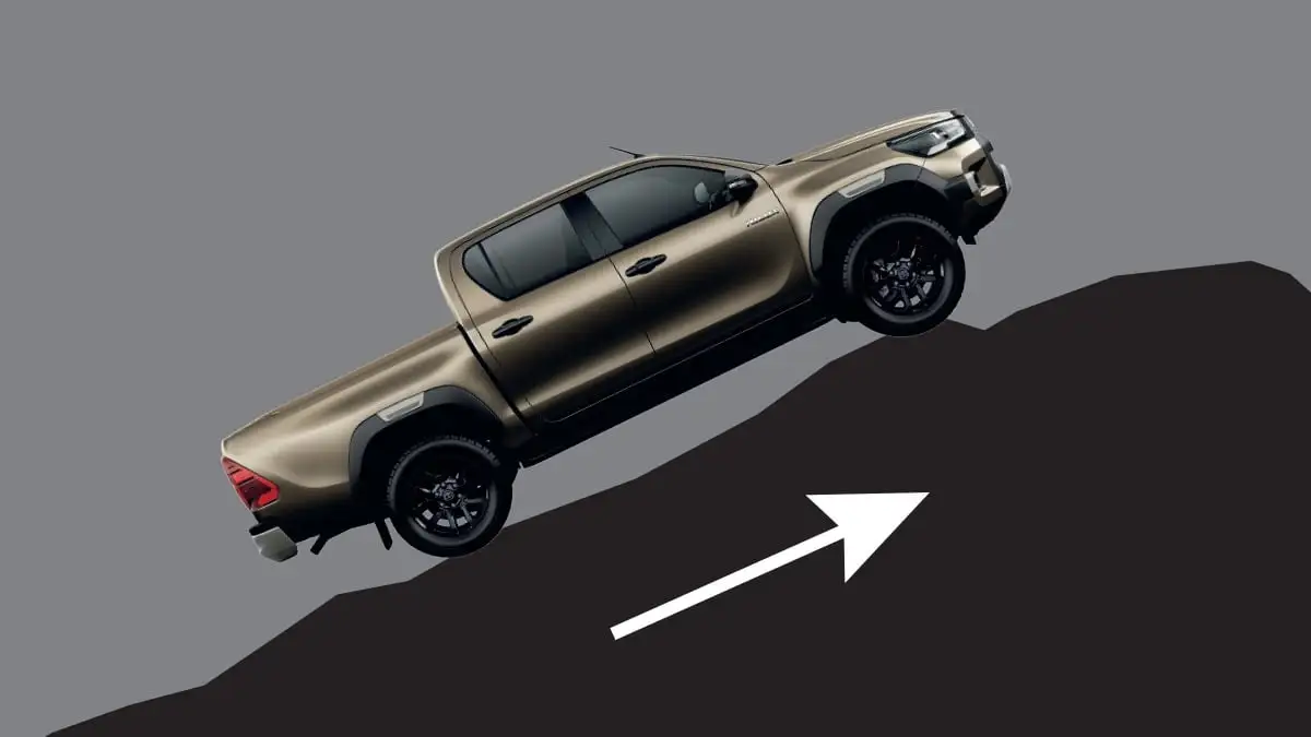 Toyota Hilux featuring HAC system showing uphill assistance technology with visual movement indicators and safety control