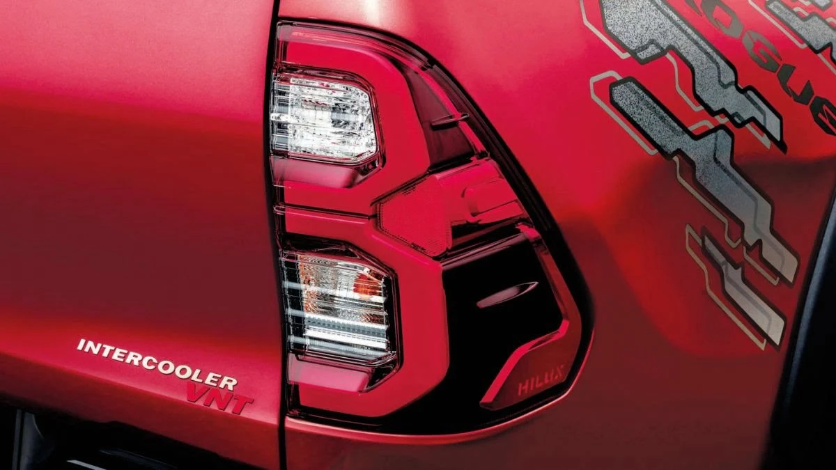 Toyota Hilux rear taillight detail with INTERCOOLER graphics showing LED brake light and turn signal assembly