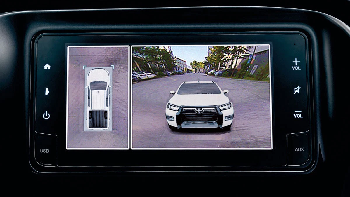 Toyota Hilux Panoramic View Monitor displaying 360-degree camera view with bird's eye and rear camera perspectives