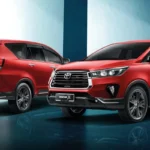 Red Toyota Innova front and rear view showcasing modern design with chrome grille and alloy wheels