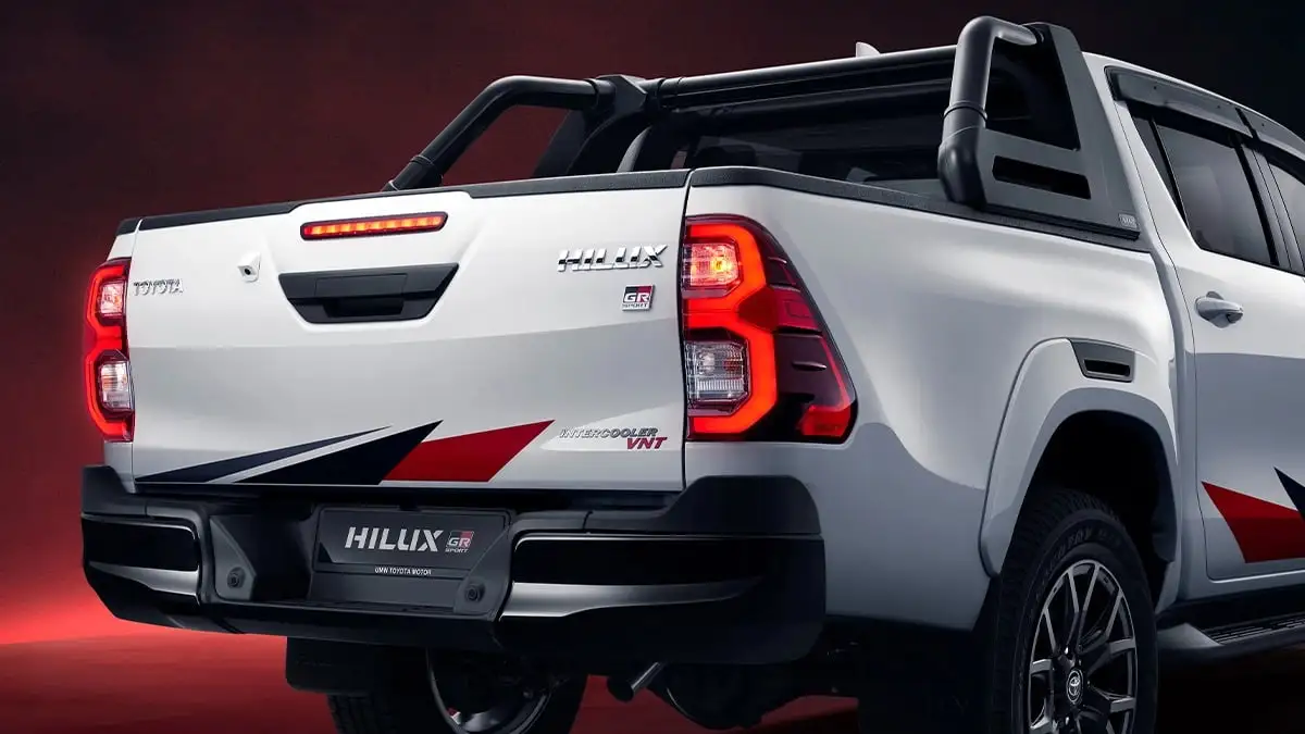 Toyota Hilux GR Sport rear view with sport graphics and LED taillights showing INTERCOOLER VNT badge detail