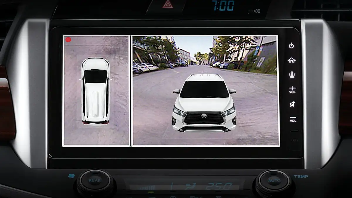 Toyota Innova panoramic view monitor system displaying 360-degree camera view on touchscreen infotainment display