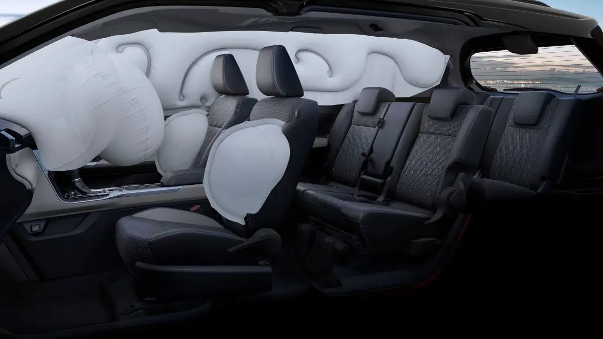 Toyota Veloz advanced airbag system demonstration showing comprehensive passenger protection and safety features