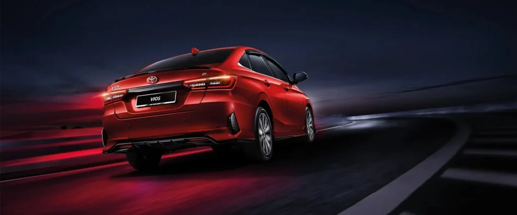 Toyota Vios red car back view showing modern taillight design and sporty rear styling elements