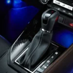 Toyota Vios automatic CVT transmission gear shifter with leather boot and blue ambient floor lighting