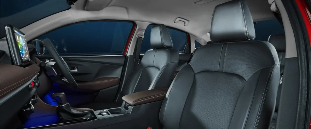 oyota Vios spacious front interior showing premium black leather seats and modern dashboard design