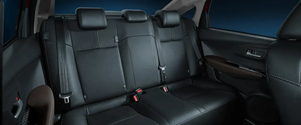 Car back seat interior in Toyota Vios showing comfortable passenger seating with safety features