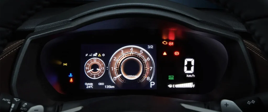 Toyota Vios digital instrument panel displaying speedometer, fuel gauge and vehicle information with ECO mod