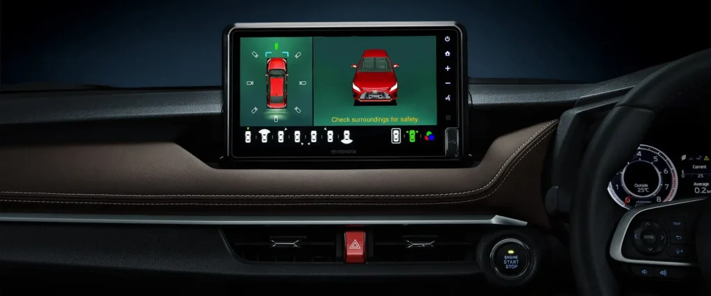 Toyota Vios touchscreen infotainment system showing parking assist camera view and 360-degree monitoring