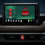 Toyota Vios touchscreen infotainment system showing parking assist camera view and 360-degree monitoring