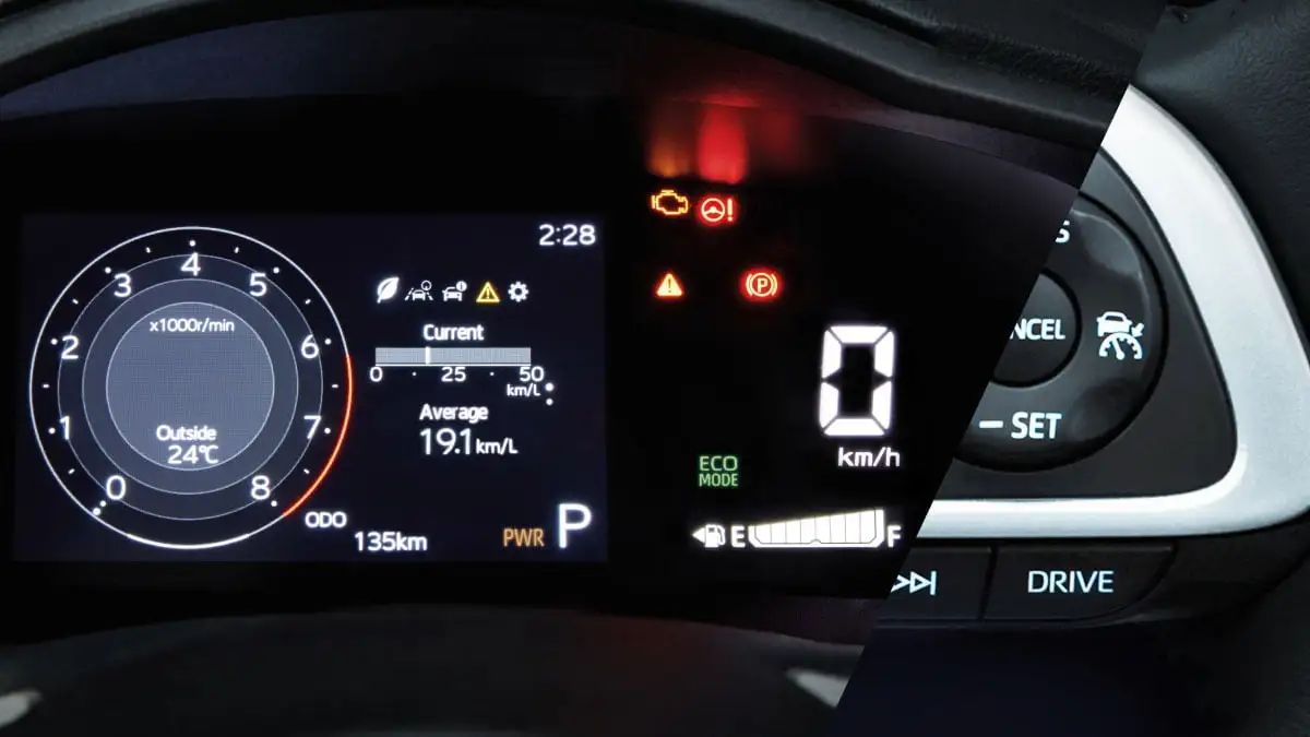 Car instrument cluster in Toyota Vios showing drive mode selection with ECO mode active and consumption metrics