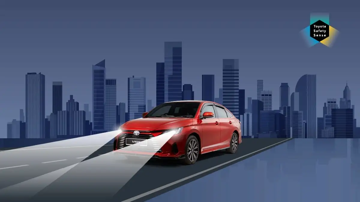 Toyota Vios Automatic High Beam system demonstrating intelligent headlight control and road illumination