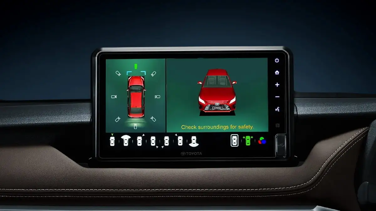 Toyota Vios touchscreen infotainment system showing parking assist camera view and 360-degree monitoring