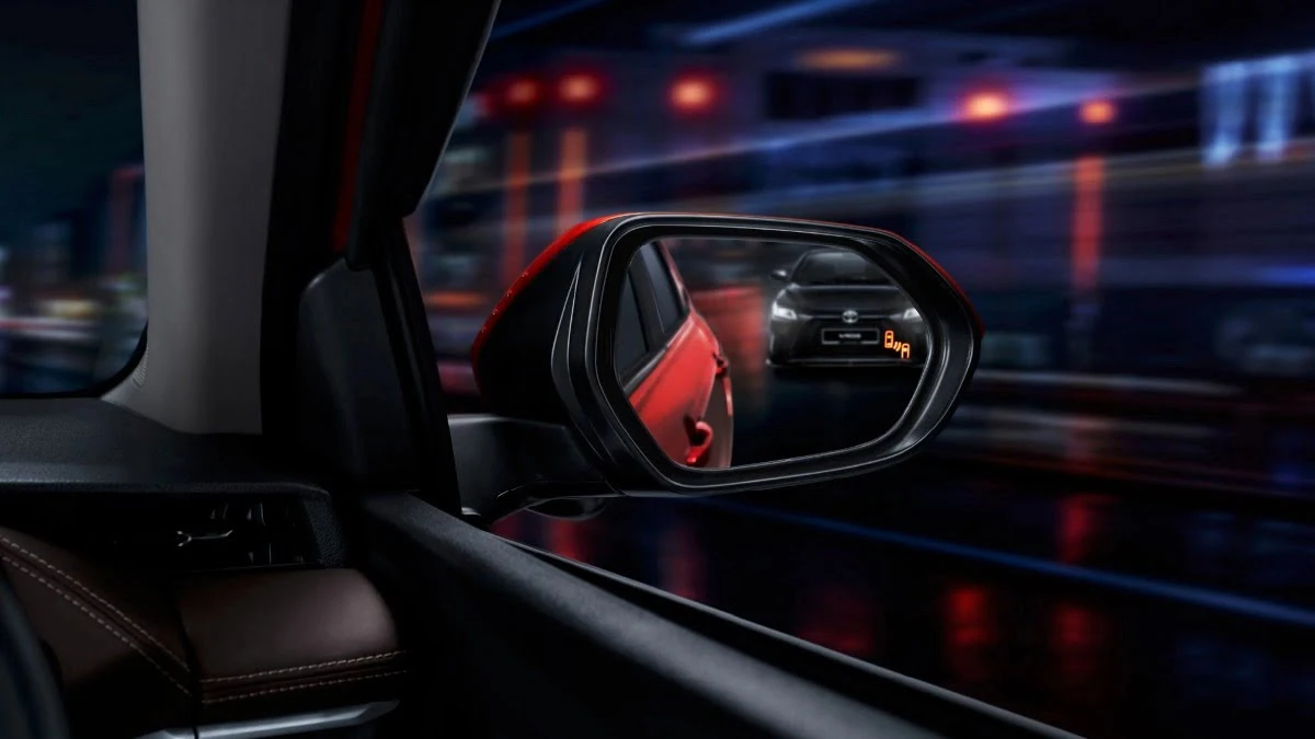 Side mirror of Toyota Vios is equipped with Blind Spot Monitor (BSM) with Rear Cross Traffic Alert (RCTA)