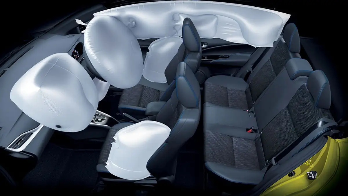 Toyota Yaris comprehensive airbag system showing seven airbags deployed throughout cabin interior for safety
