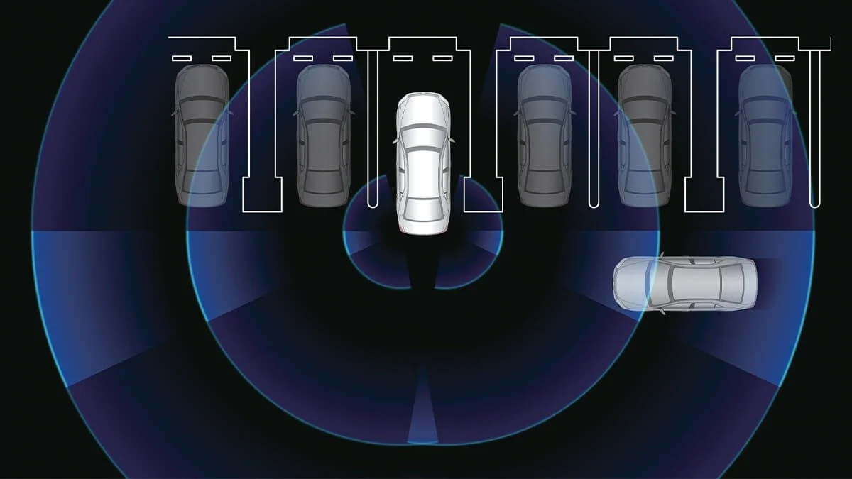 Rear Cross Traffic Auto Brake (RCTAB) safety technology visualization showing Toyota Camry with 360-degree cross traffic monitoring capabilities
