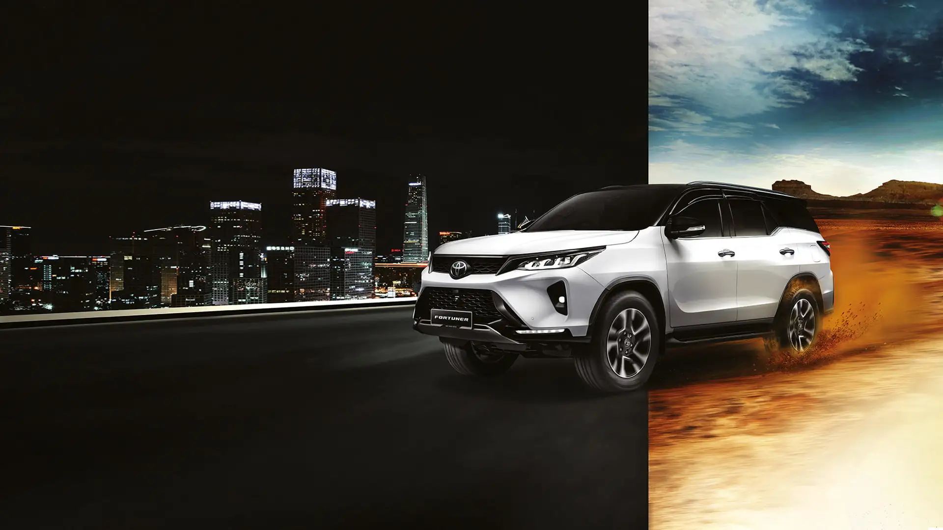 White Toyota Fortuner SUV showcasing versatility between urban city driving and rugged off-road desert terrain