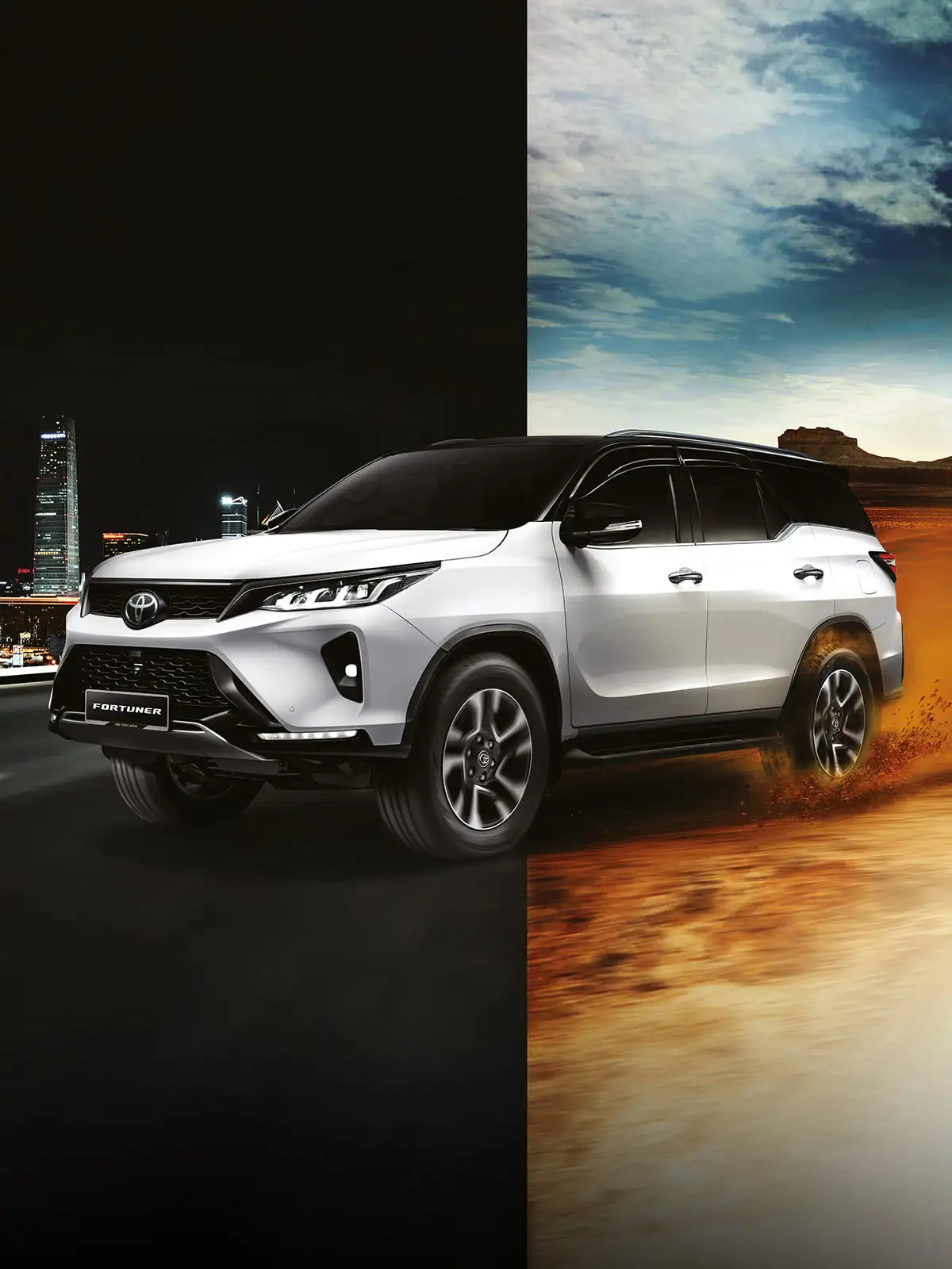 White Toyota Fortuner SUV showcasing versatility between urban city driving and rugged off-road desert terrain
