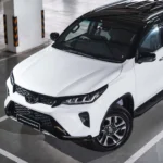 White Toyota Fortuner showcasing modern design elements and robust build quality in covered parking facility