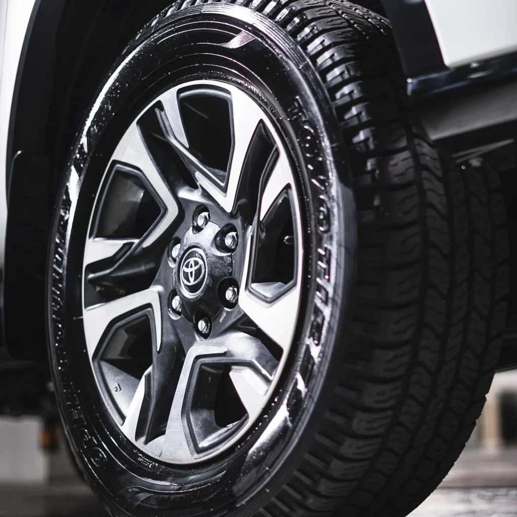 Toyota Fortuner alloy wheel detail showing multi-spoke design with brand center cap